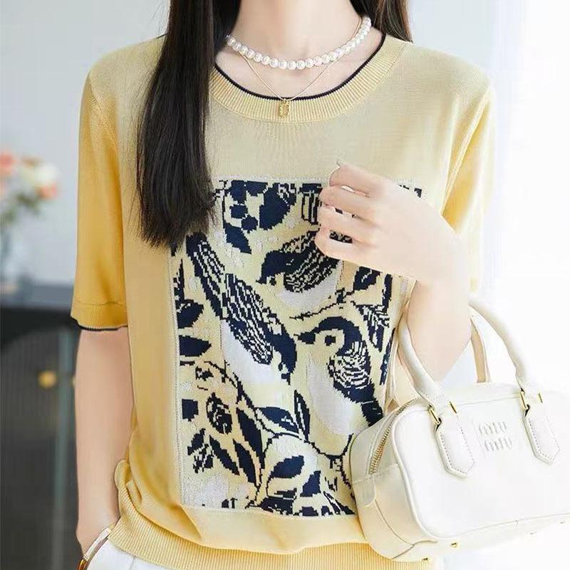 

Новая летняя трикотажная футболка с коротким рукавом и круглым вырезом в стиле колор-блок с принтом птиц — это универсальный и тонкий топ с рукавом пять четвертей. XXL жёлтый