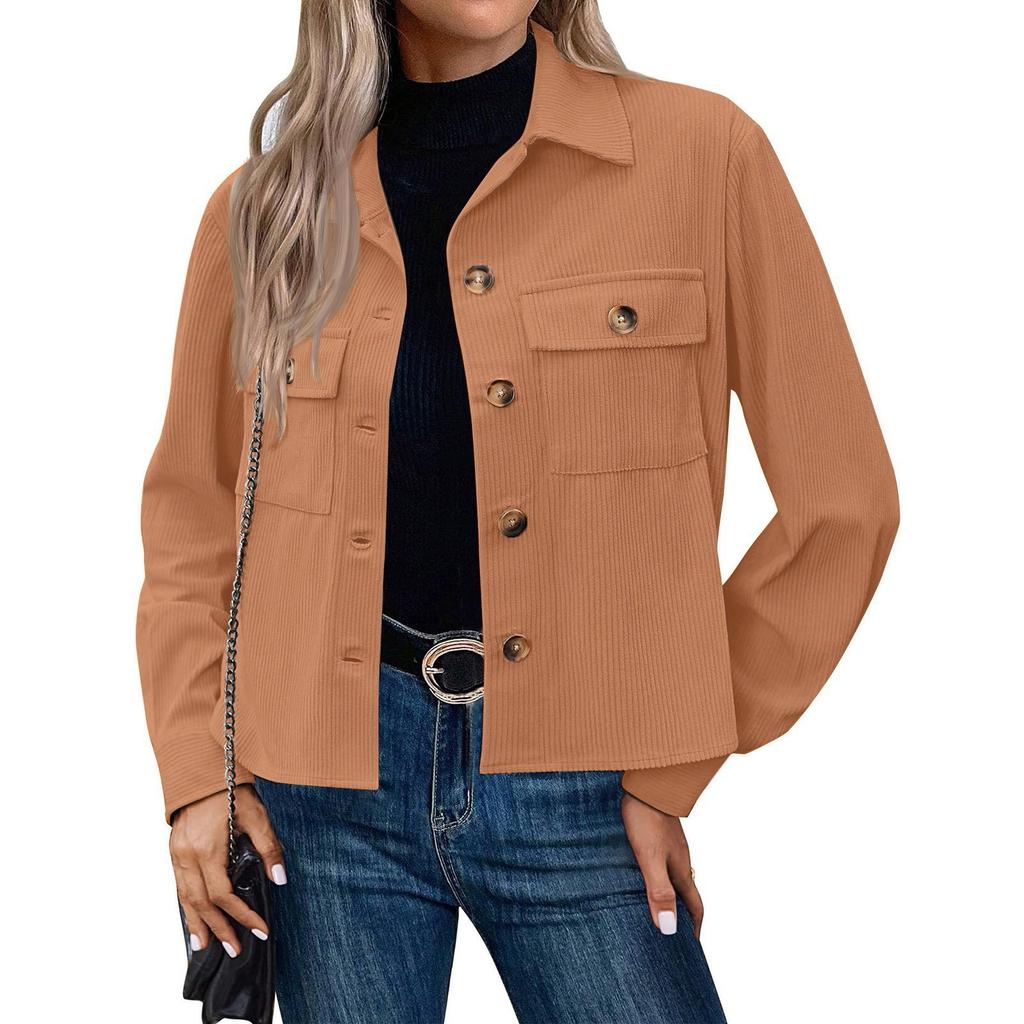 Casual Womens Color Short Solid Corduroy Button Jacket