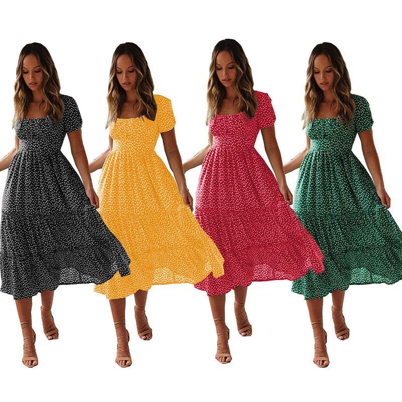 Elegant Women Polka Dot Boho Ruffle Maxi Beach Dress With Square Neckline