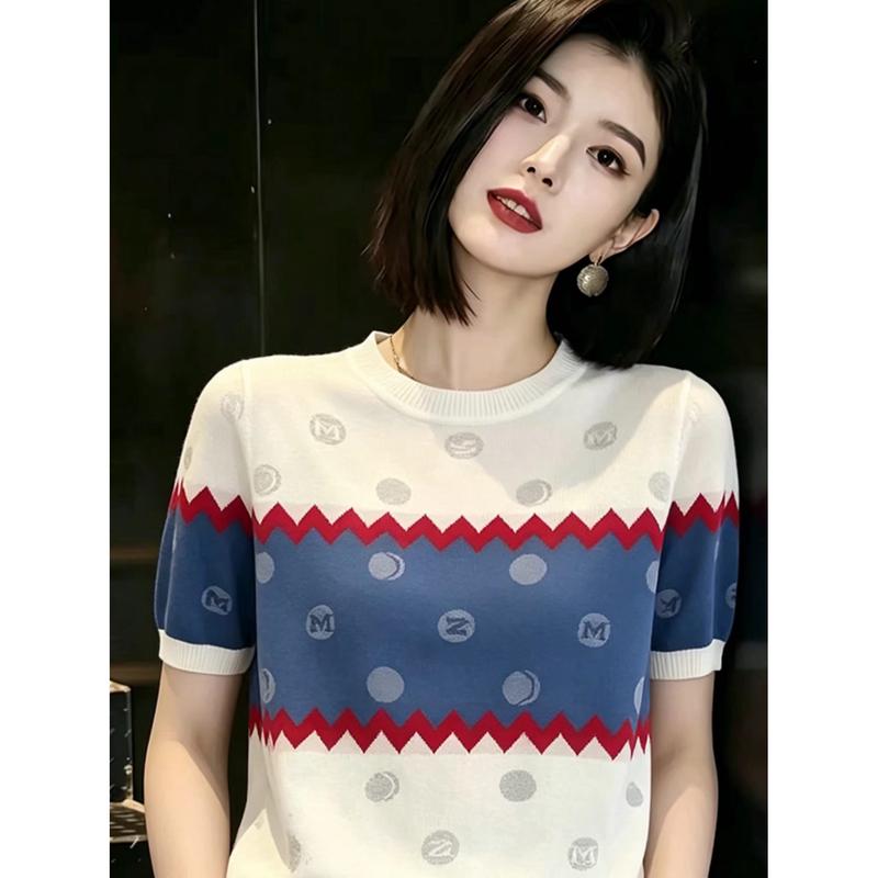 La Chapelle Korean Style Polo Neck Embroidered Knit Top