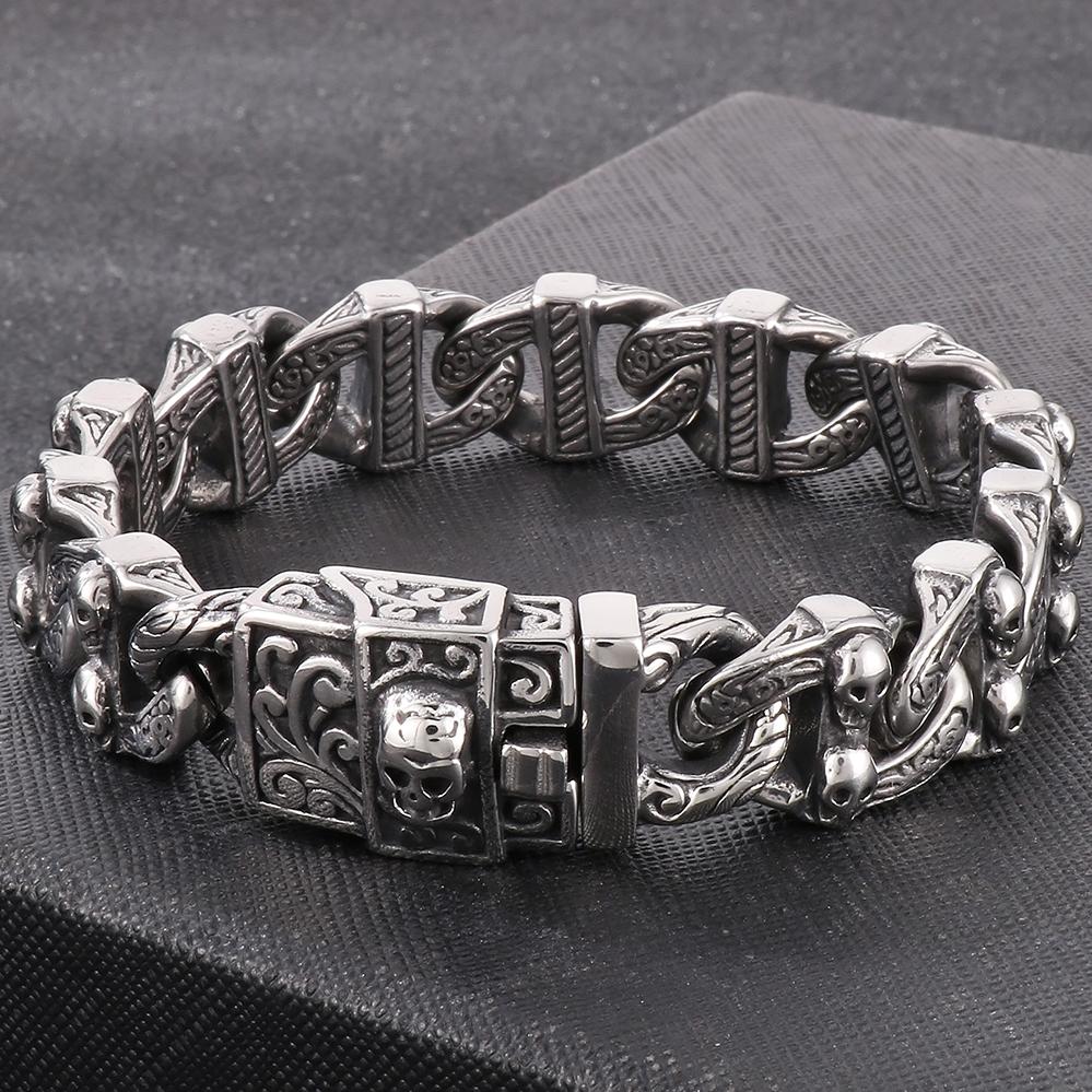 Pánský Cool masivní ocelový náramek s lebkou a tváří v tvář kubánský řetízek pro muže unikátní gotický punk rock šperky příslušenství halloweenské dárky