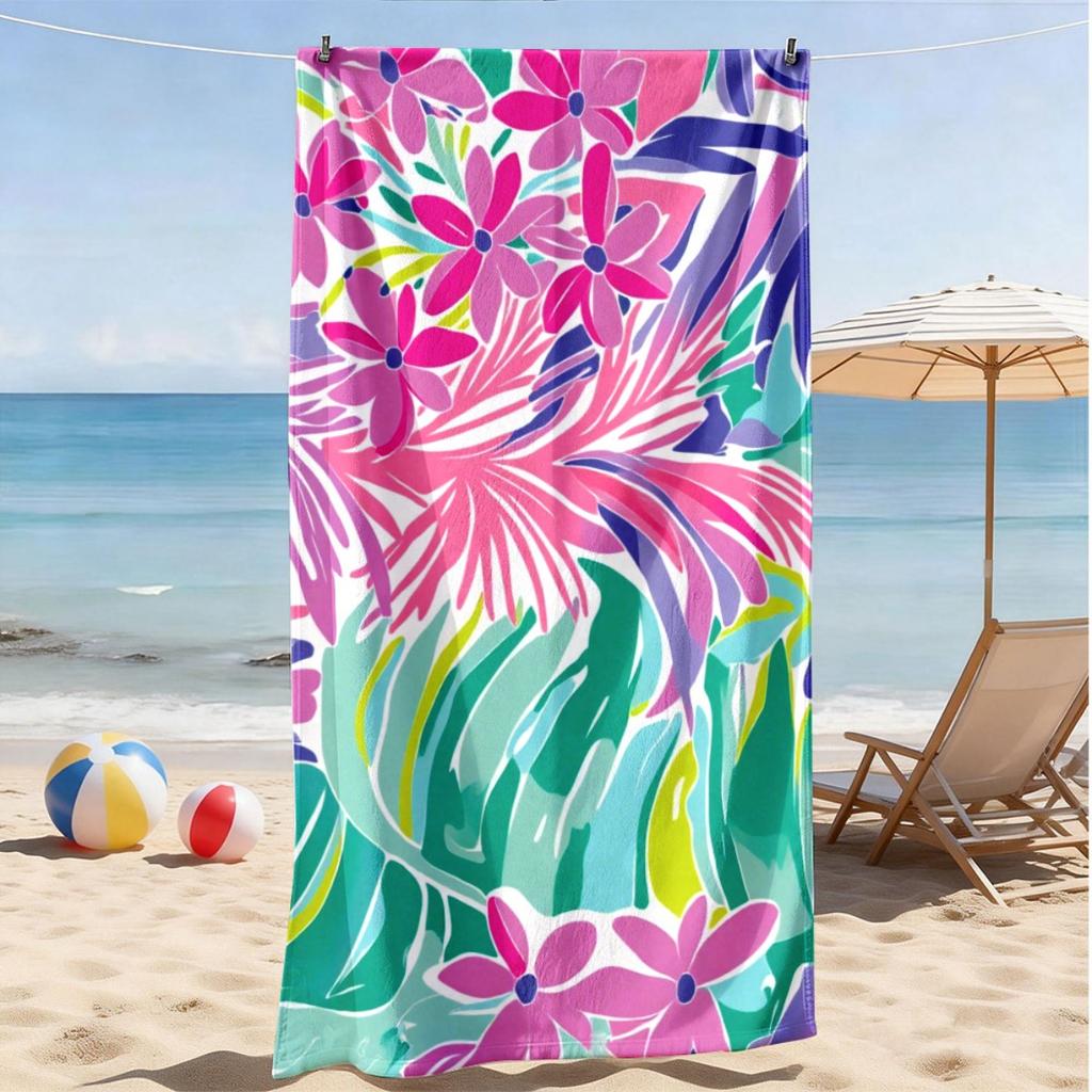 Vibrant Leaf Flower Microfiber Beach Towel 2D Flat Printed Waterproof Sandproof Travel Bath Towel For Seaside Holiday