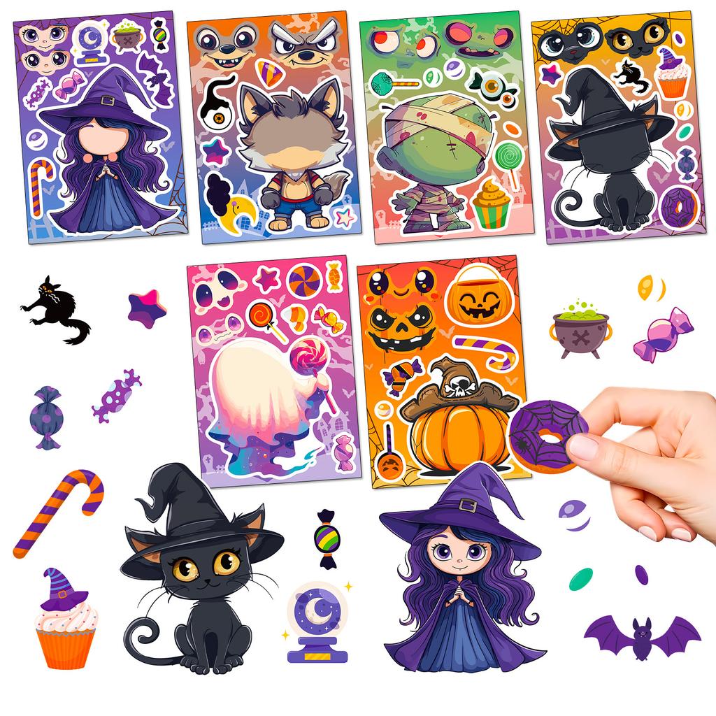 6 Pcs Halloween Sticker Sheets, Costume Face Mix & Match Decals for Journals, Party Favors, DIY Carnival Games for Kids Gifts