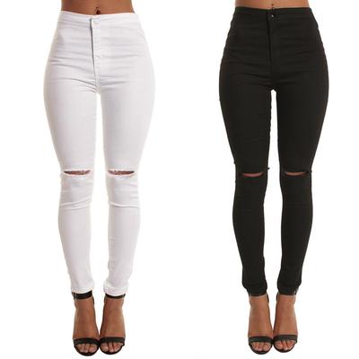 Women Casual Slim Hole Long Jeans Zippers Sexy Skinny Pants Daily Trousers