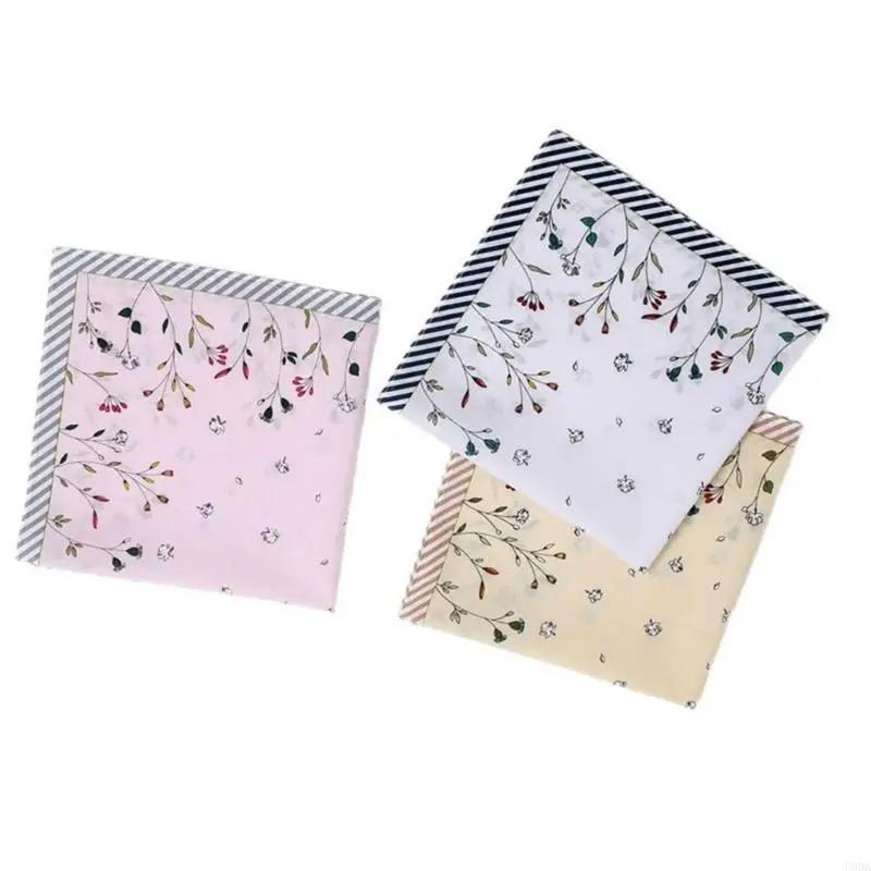 3Pcs Handkerchief Reusable Sweat Bandana Absorbs Water Women Hankies Thin Printing Flower Pure Cotton