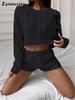 Fall Winter New Loose Crew Neck Short Sleeve Knit Sweater + Knit Shorts Set for Women