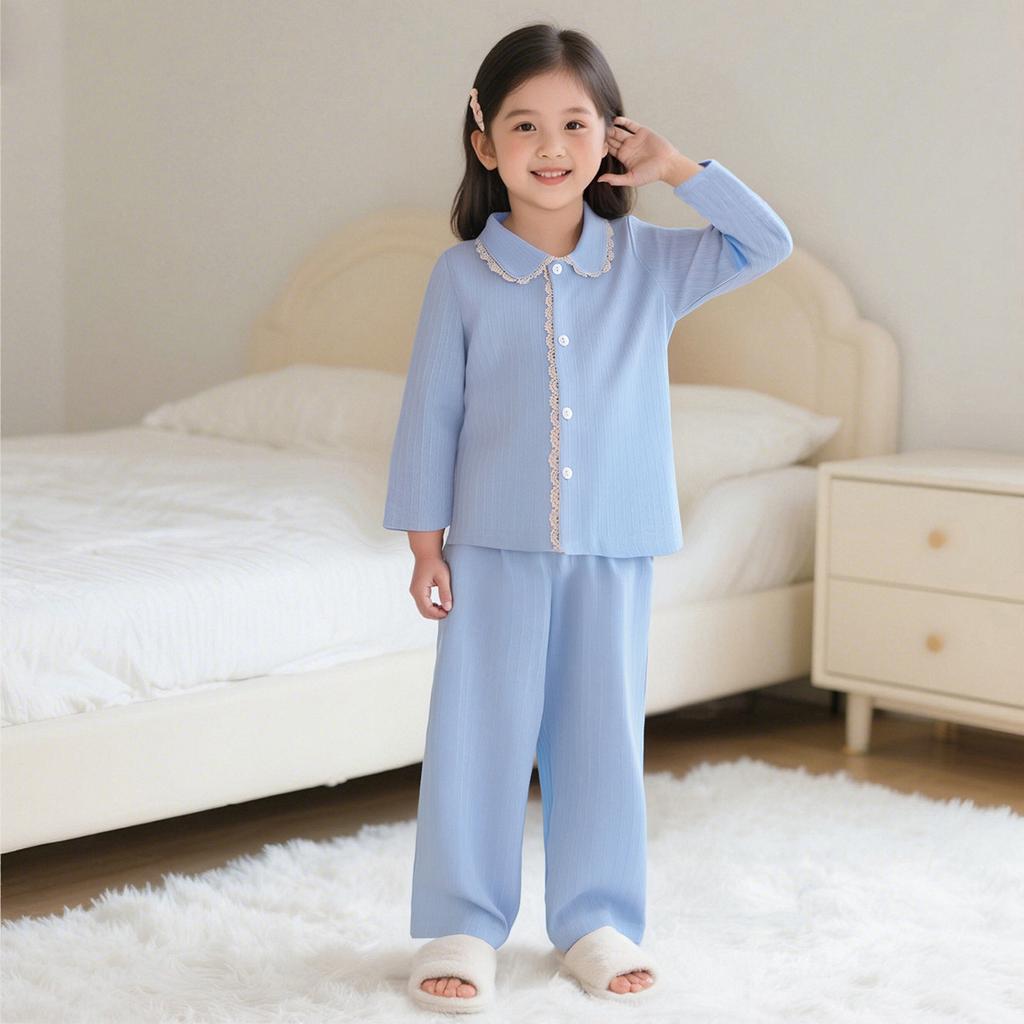Spring And Autumn Children'S Pajamas Pure Cotton Girls' Lace Collar Sweet Wind Cardigan Long Sleeve Long Pants Student Loungewear Two-Piece Set