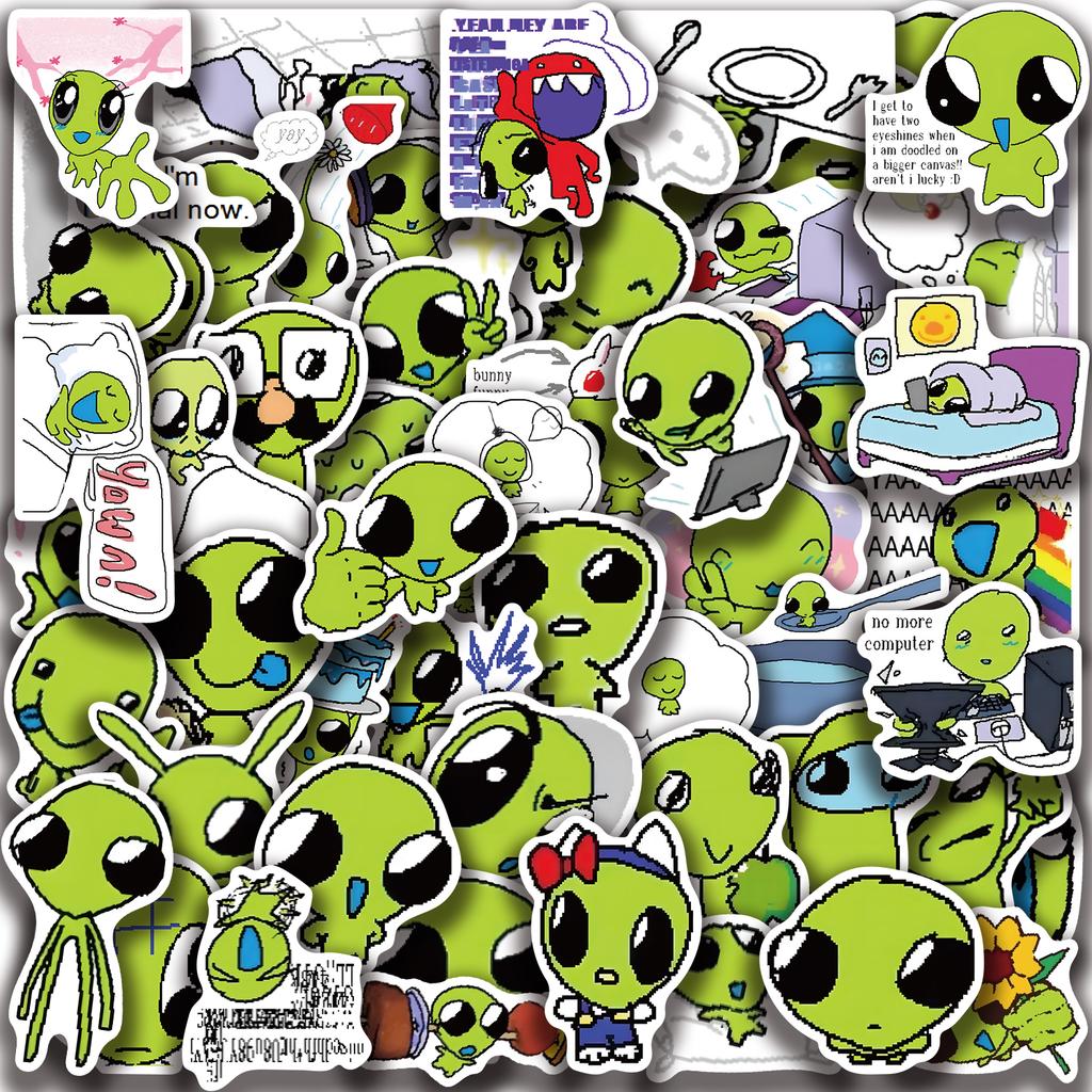 52PCS Little Green Alien Stickers Colorful Funny Green Alien Cup Laptop Cell Phone Luggage Decoration Waterproof Stickers