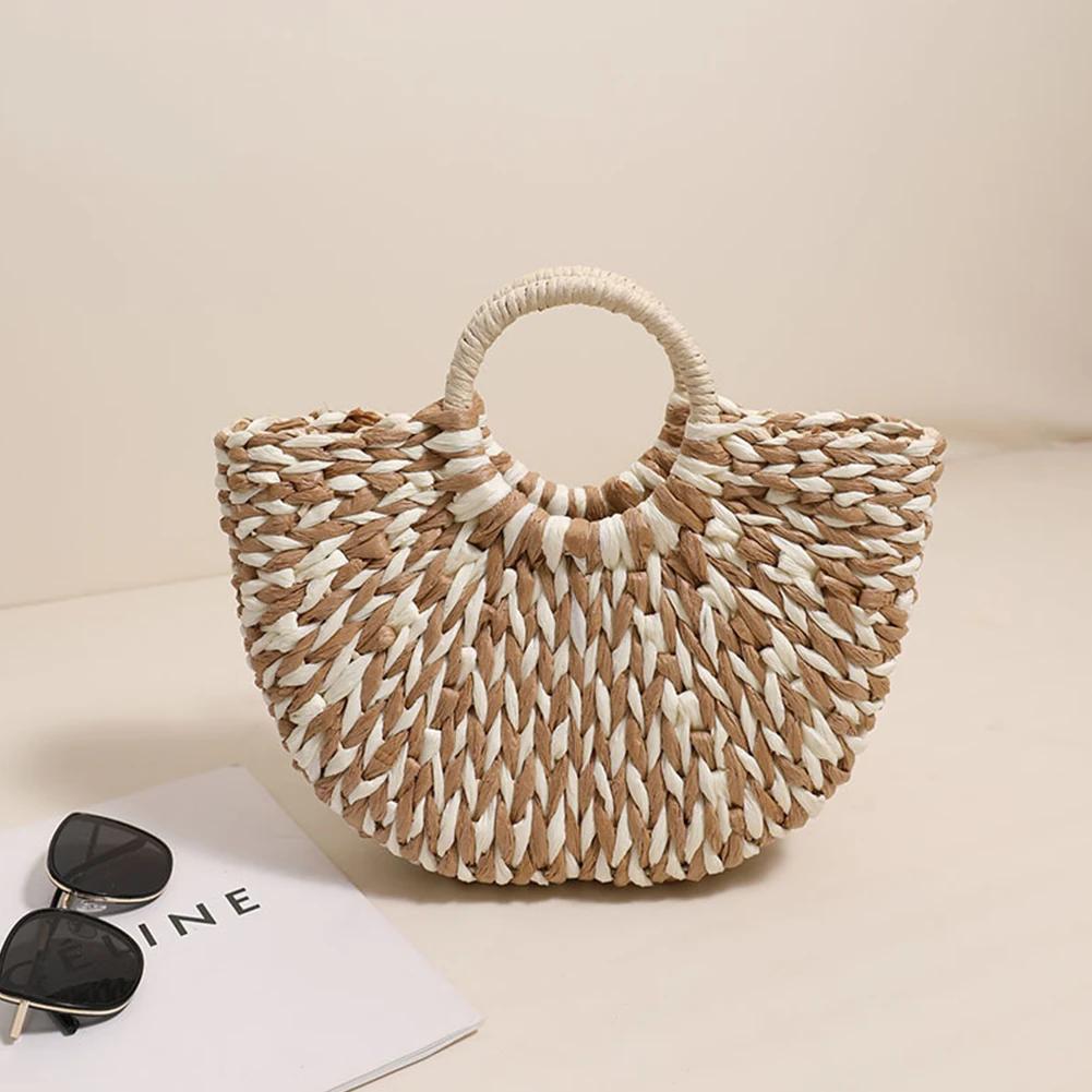 Women Half-Round Handbag Large Capacity Casual Travel Tote Bag Color Clash Semicircle Weaving Bag Female Leisure Bag