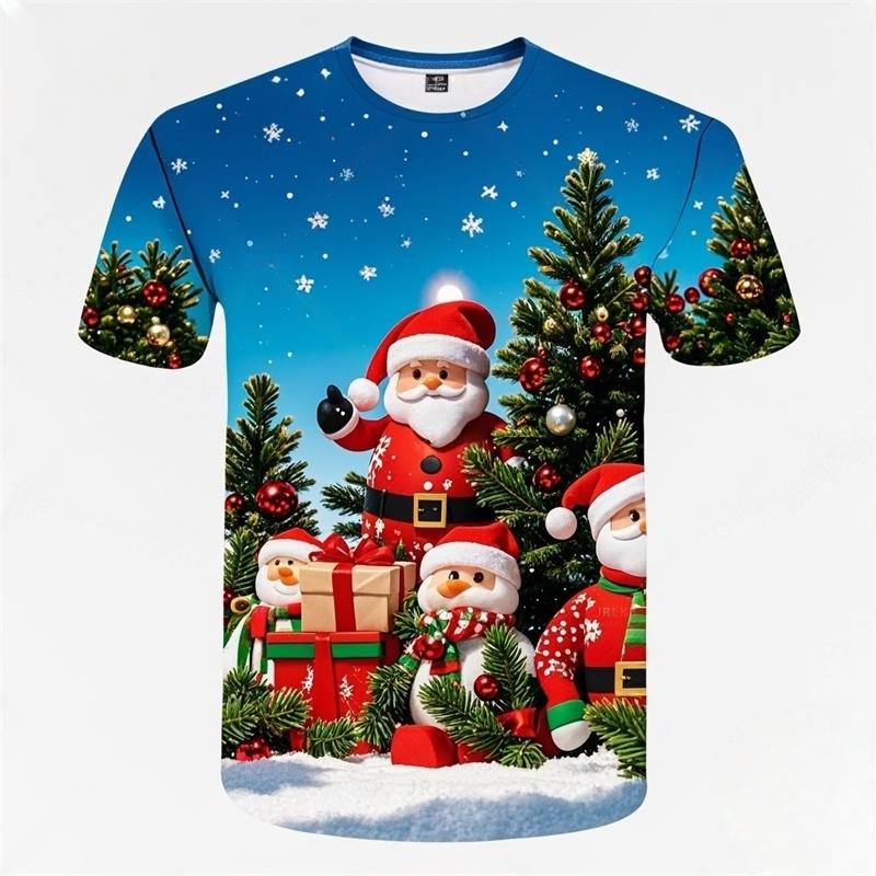 2025 3D Print Santa Claus Christmas T-Shirt Short Sleeve Children's Holiday Celebration Clothing for Boys And Girls
