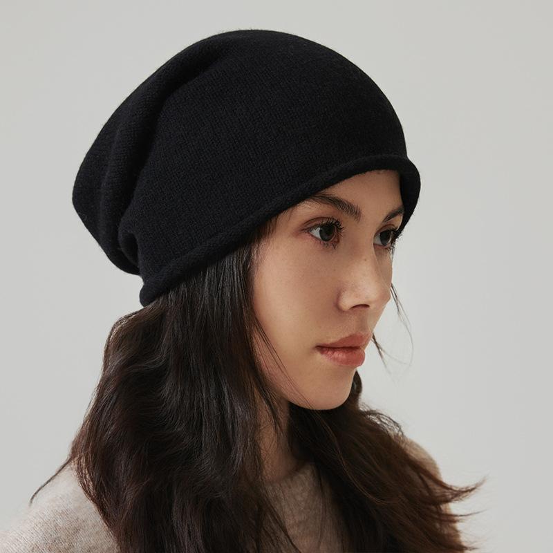 Solid color 100% wool cold hat women's pile hat spring and autumn hat high-end knitted hat warm wool hat