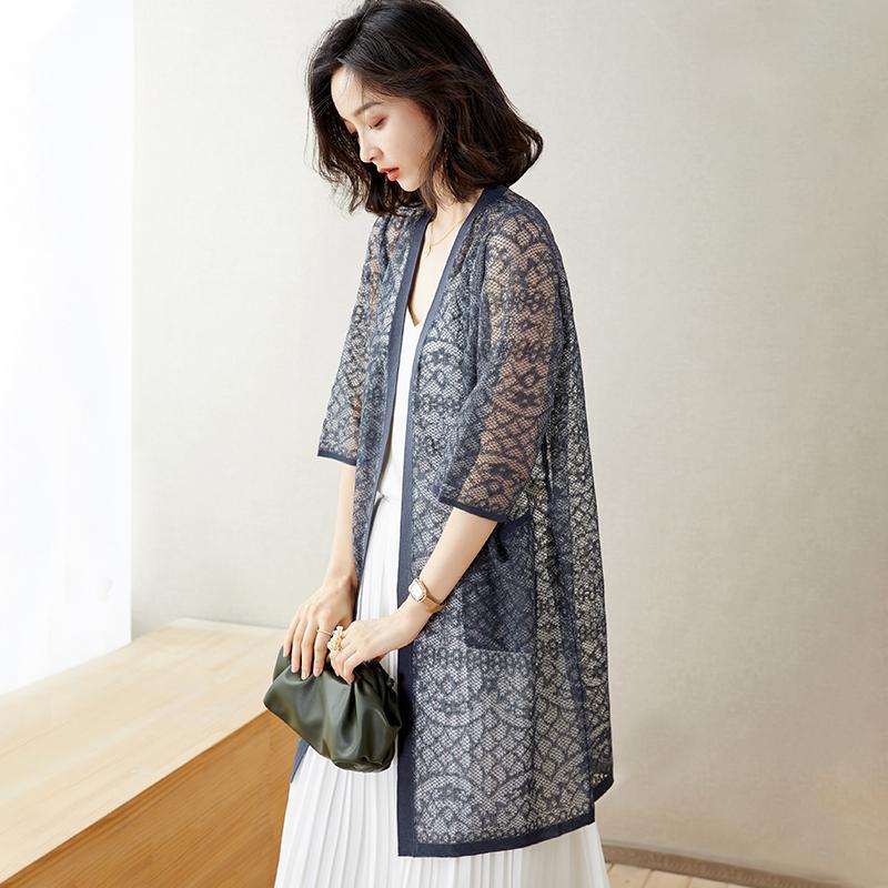 

Fashionable Mid-length Hollow Lace Shawl with Sun Protection Cardigan Breathable Quarter-sleeved Jacket for Women L
