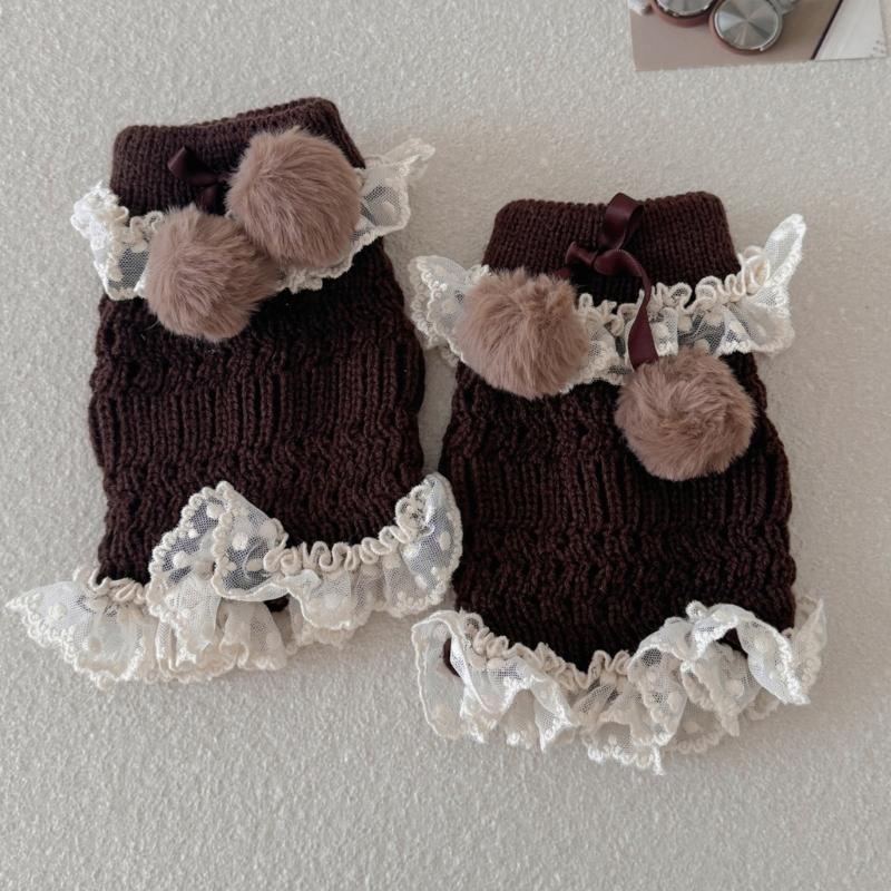 Fashionable Plush Balls Bows Adorned Leg Warmers with Lace Detail for Women's Hollowout Knitted Short Leg Covers Sleeves