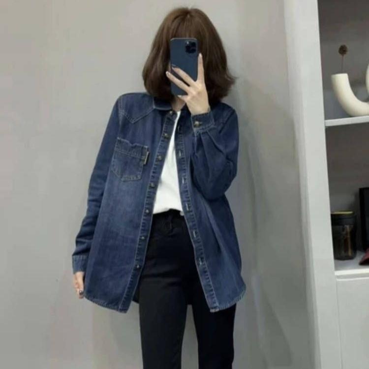 Casual Pocket Denim Blouse Loose Fit Fashion Shirt for Women Spring Fall Daily Outer Top