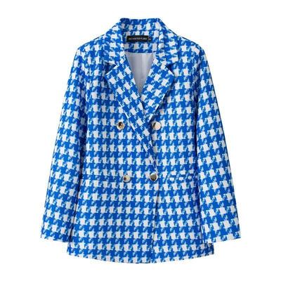 Blue Blazer Women British Style Checkered Suit Jacket Elegant Office Wear New Arrival Performance Outfit