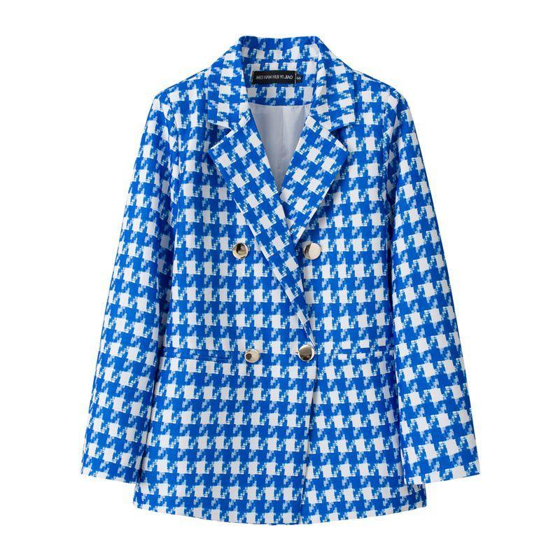 Blazer a Pied de Poule Blu e Bianco Stile Britannico da Donna con Bavero Elegante Cappotto Completo Nuova Collezione Outerwear per Performance