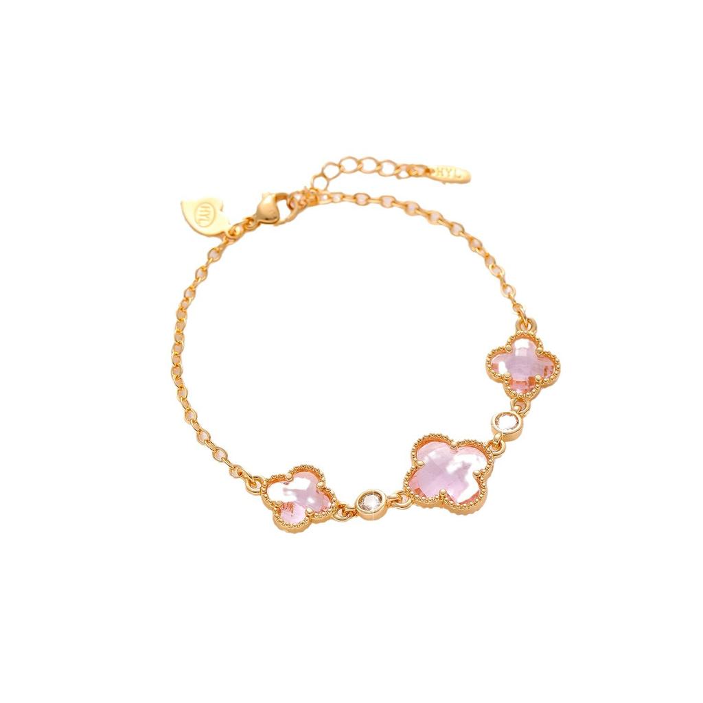 Bracelet trèfle double face pour femme, cuivre plaqué or, bijoux fleur en zircon