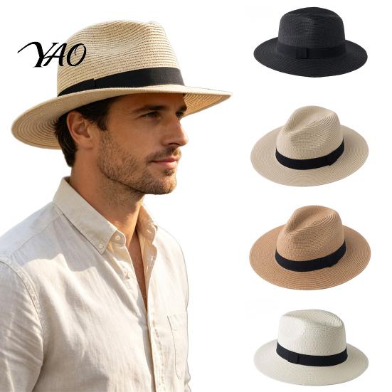 Boho Style Summer Hat Men Paper Straw Sun Hat, Breathable Wide Brim UV Protection Beach Foldable for Outdoor Vacation Travel