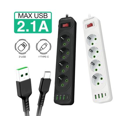 EU Plug Power Strip 4 AC Outlet Multitap Extension with 4 USB Ports 2m Cord Electrical Socket 2500W Fast Charge Surge Protector