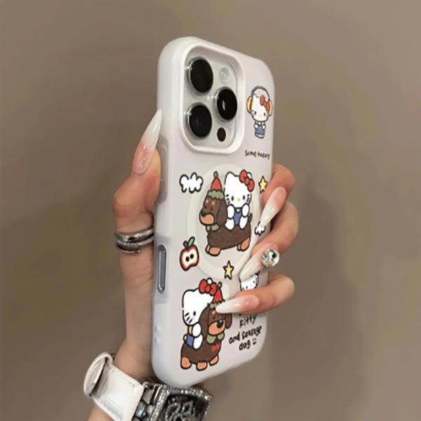 Hello Kitty and Dog Magnetic Case for iPhone 17 Pro Max, 16, 15 Pro, 14 - Cute Cartoon Design