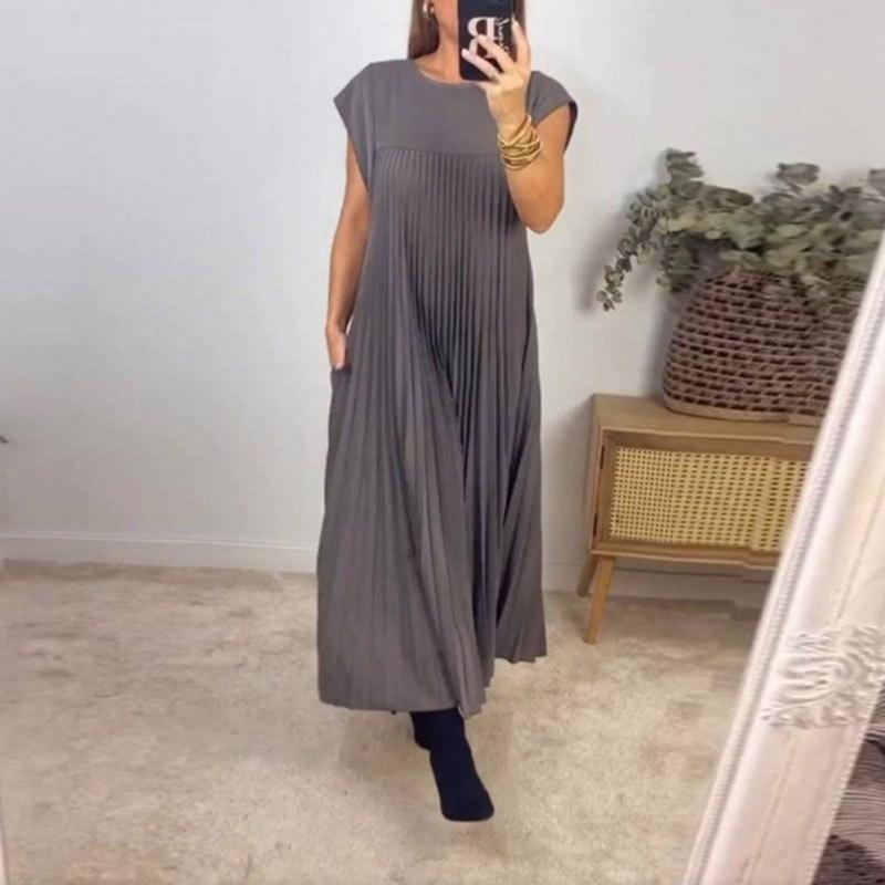 Moda de Verano Vestido Sólido de Talla Grande Mujer Cuello Redondo Manga Corta Suelto Plisado Vestidos Casuales Mujer Elegante Vintage Sencillo Slim Vestido de Dama 25546