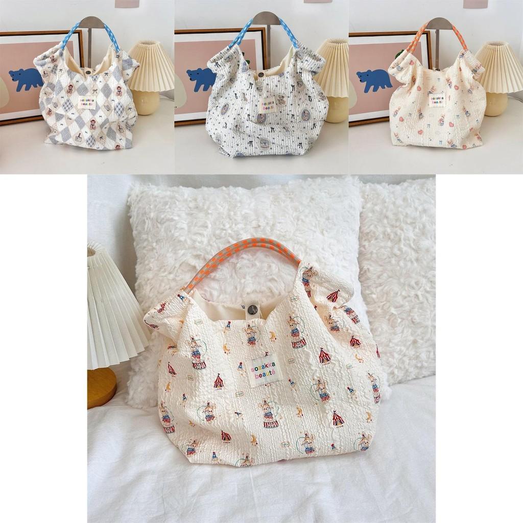 Large Capacity Korean Cartoon Embossed Canvas Tote Bag For Women Ideal For Beach Trips