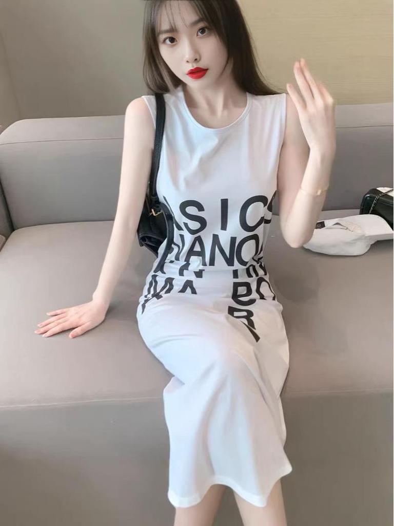 Summer Sleeveless French Letter Split Long Dress - Women's Loose Over-the-Knee Skirt