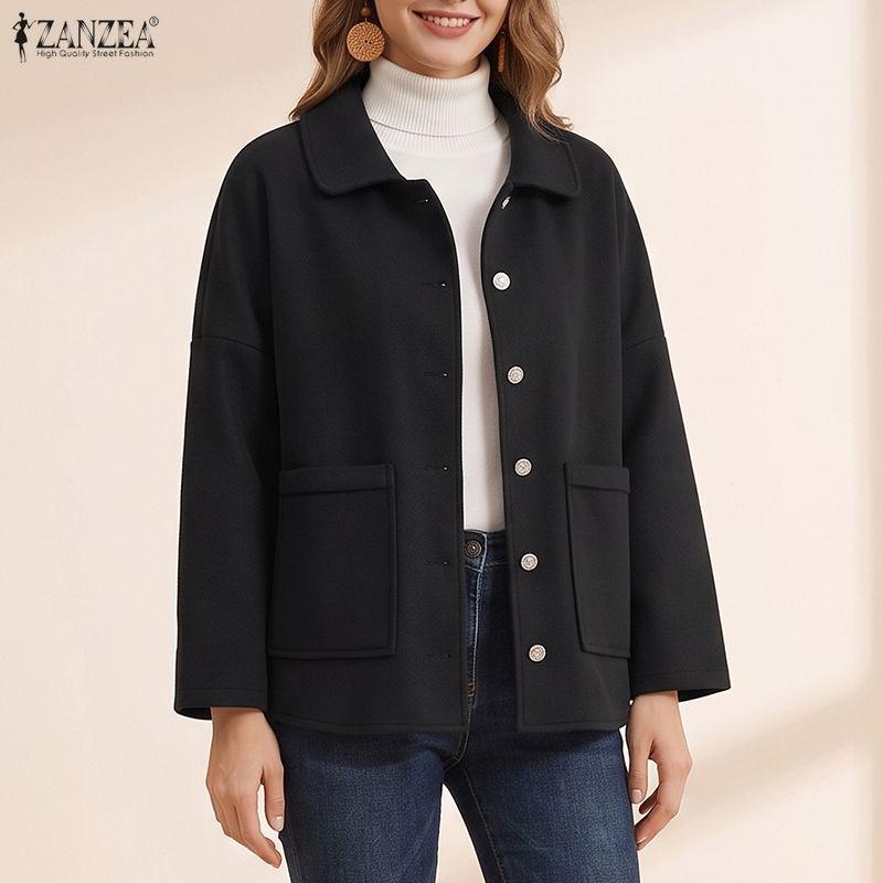 ZANZEA Women Casual Turn Down Collar Long Sleeve Spring Woolen Jackets