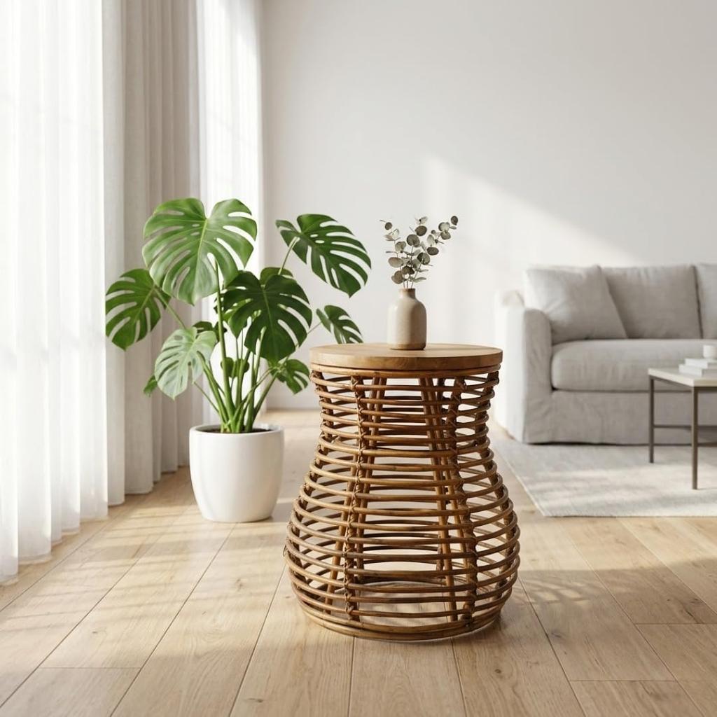 Eco Decx Rattan Woven Plant Stand for Living Room | Indoor Outdoor Bamboo Plant Stand with Tiered Design & Wooden Top |  46 X 46 X 57 Cm