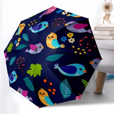 1pc Colorful Birds Pattern Automatic Folding Umbrella - 8-Rib Iron Frame, Windproof, Portable Sunshade with Plastic Handle for Travel & Outd