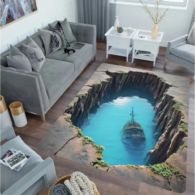 Natural Landscape Waves Rocks Graphic Design Large Carpet Area Carpet Living Room Bedroom Christmas Retro Home Decoration