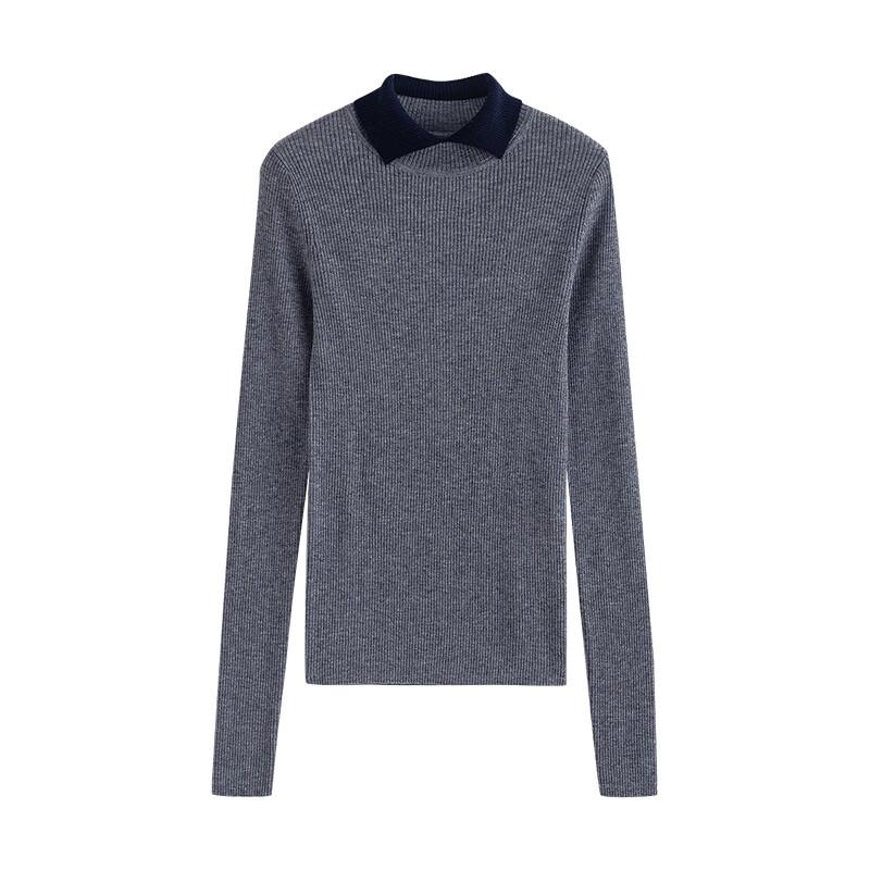 Chuyu Women's Faux Two-Piece Contrast Polo Neck Wool Knit Top