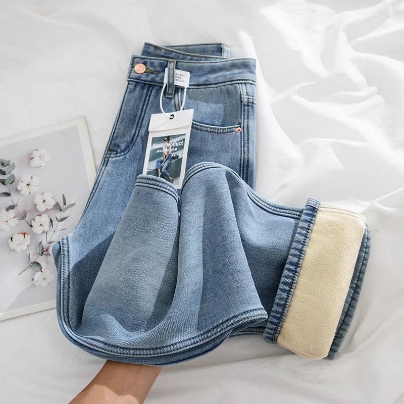 Large Size Jeans for Women with Plush Autumn and Winter High Waist Wide Leg Long Pants
