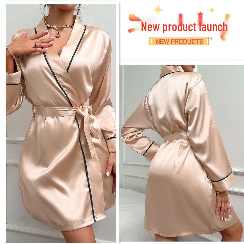 Summer Ice Silk Women's Mid-Length Thin Tie-Up Fashion Robe