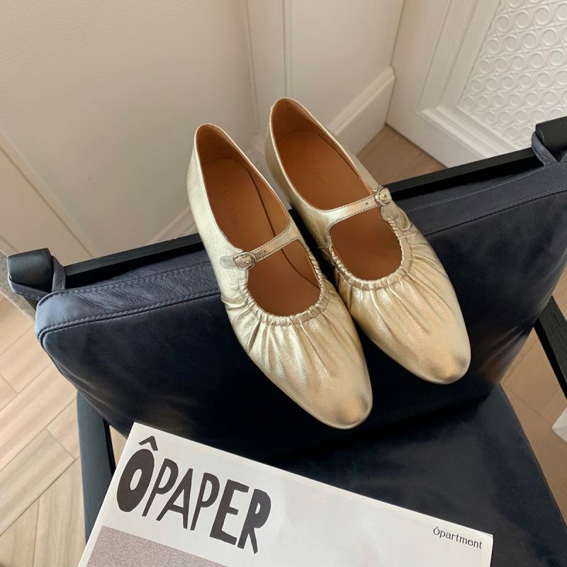 

Shoes round head pleated word with flat bottom silver Mary Jane single shoes women 34 золотий