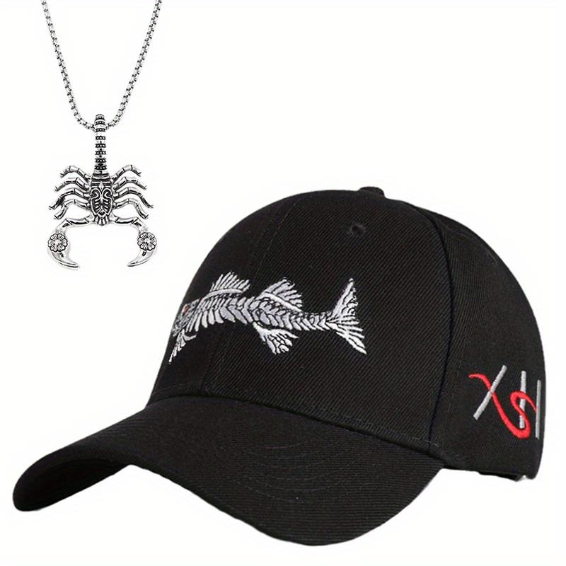 

Комплект из 2 мужских бейсболок с ожерельем, вышитая рыбка, бейсболка, камуфляжная шляпа от солнца, повседневная кепка с козырьком от солнца и подвеска на шею чёрный