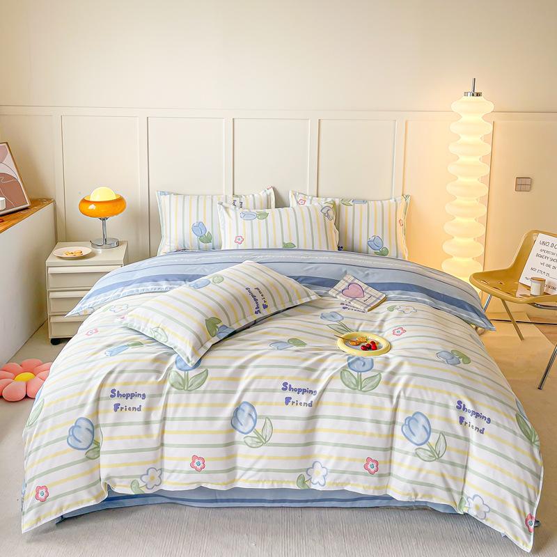 Pure Cotton Abraded Bedding Four-piece Set, Bed Sheet Quilt Cover, Dormitory Cotton Three-piece Set