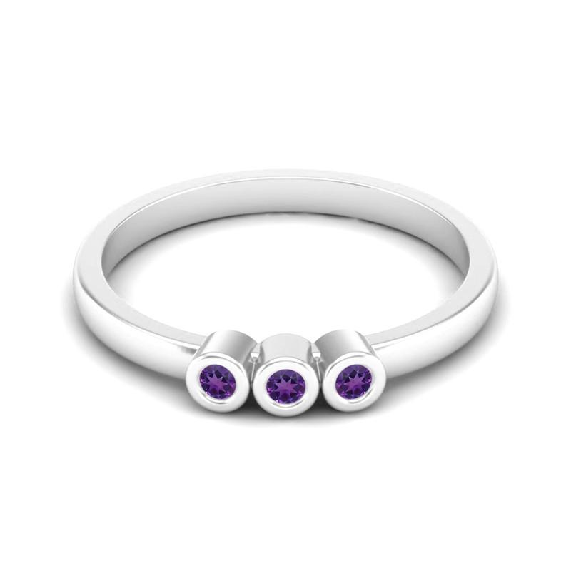 Tiny Round Shape Amethyst Gemstone 925 Sterling Silver Three Stone Minimalist Women Engagement Ring