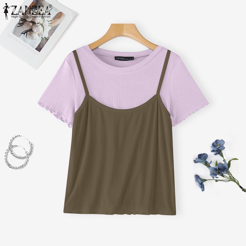 ZANZEA Women Casual Fake Two Piece Patchwork Summer Short Sleeve T-Shirts