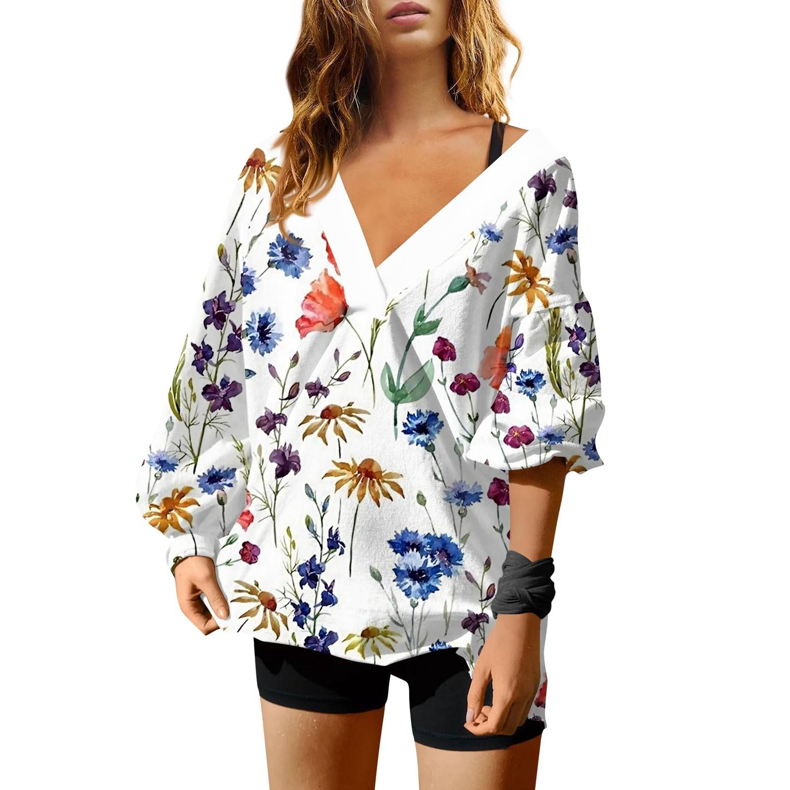 Женская мода V-образный вырез длинный рукав принтованный свободный пуловер свитшот топ XL — фото 12