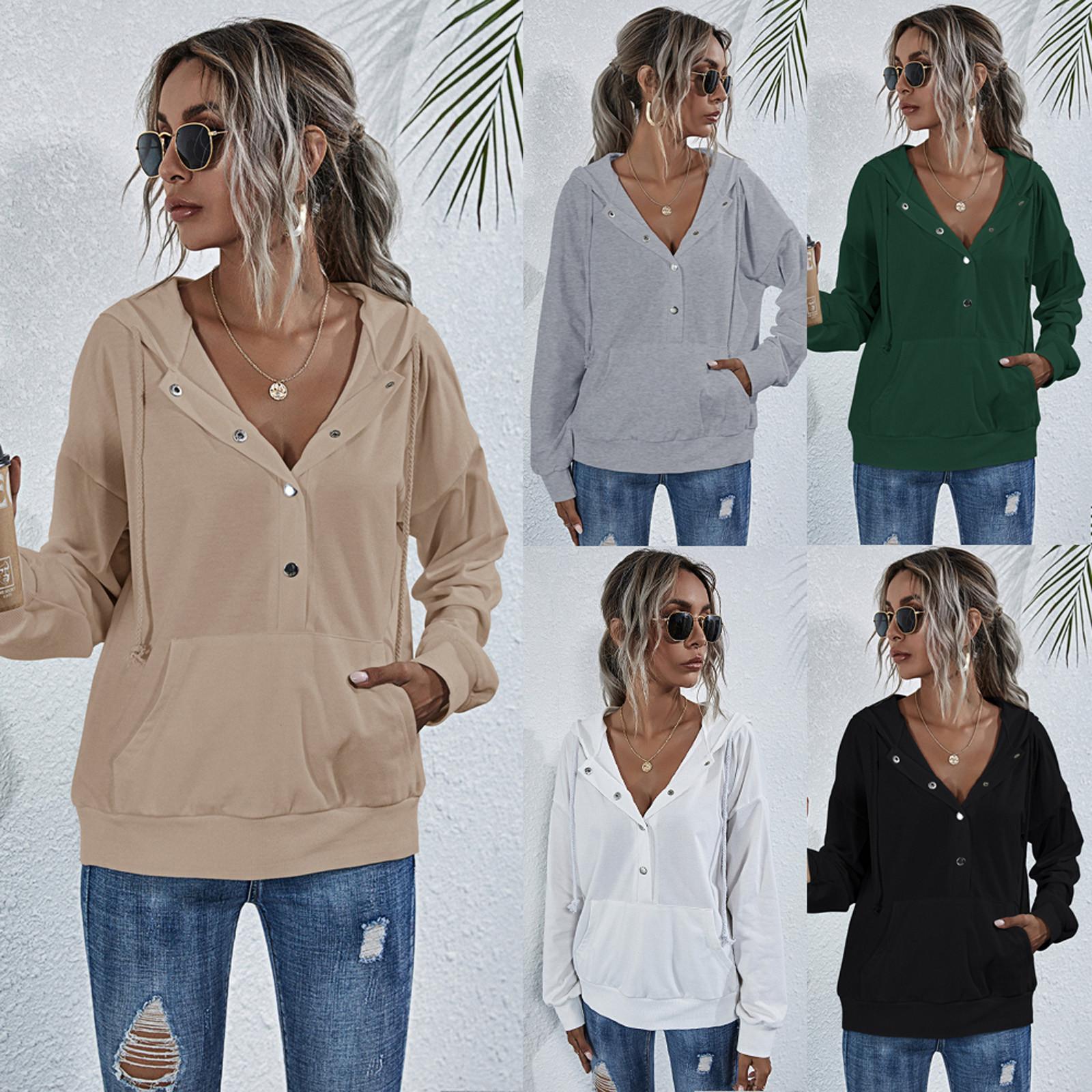 

Женский однотонный карманный свитер с капюшоном и шнурком на пуговицах