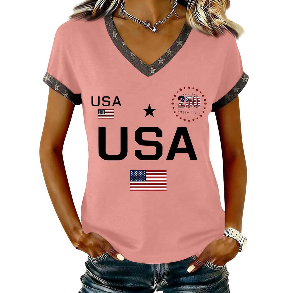 Damen Lässiger V-Ausschnitt Kurzarm Pullover Bedrucktes T-Shirt Top