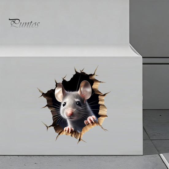 Wasserdichter PVC-Tieraufkleber Graue Maus Spähend Wandaufkleber, 3D-Loch-Effekt-Sticker, Abnehmbare Wandmalerei für Wohnzimmer Schlafzimmer Fenster Langlebig Außen