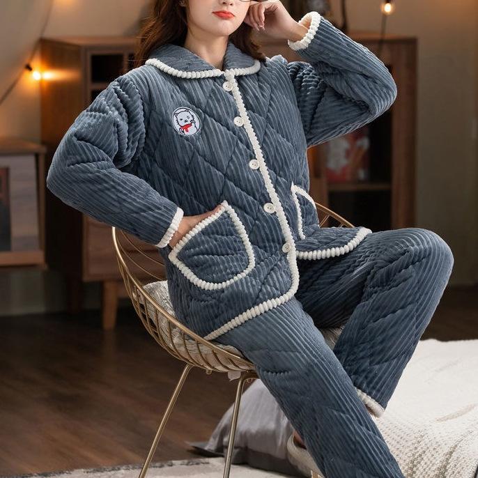 Süße warme wattierte Baumwolle kann draußen getragen werden dreilagiger Pyjama Damen Winter Loungewear verdickt saisonal große Größe