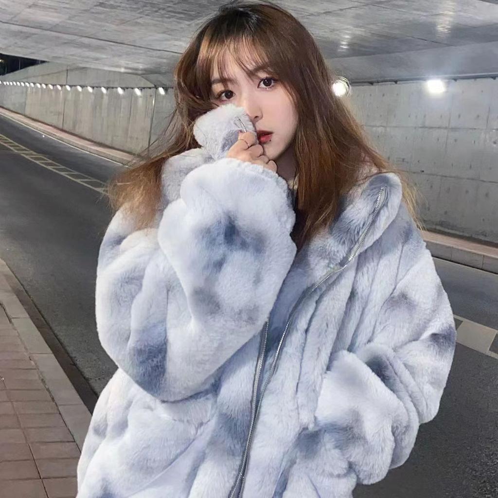Autumn and Winter New Couple's Imitation Fur Coat Tie-dye Thickened Cotton-padded Clothes Men's and Women's Jackets Loose