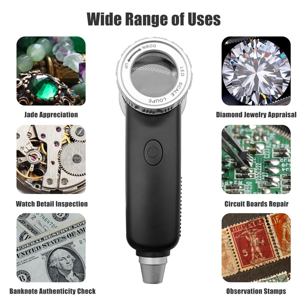 30X Wiederaufladbare Lupe LED UV Handheld Beleuchtete Lupe mit Klinge Juwelierlupe für Edelstein Jade Schmuck Reparatur