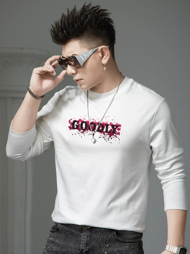 

European-Style Men s Long-Sleeve T-Shirt 2025 New Trendy Brand Beaded Print Round-Neck Casual Top for Men in Autumn L белый