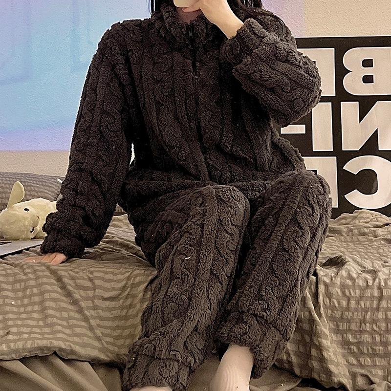 

Женский фланелевый пижамный комплект на молнии — высокий воротник, плотный теплый флисовый костюм кораллового цвета для осени и зимы. 4XL