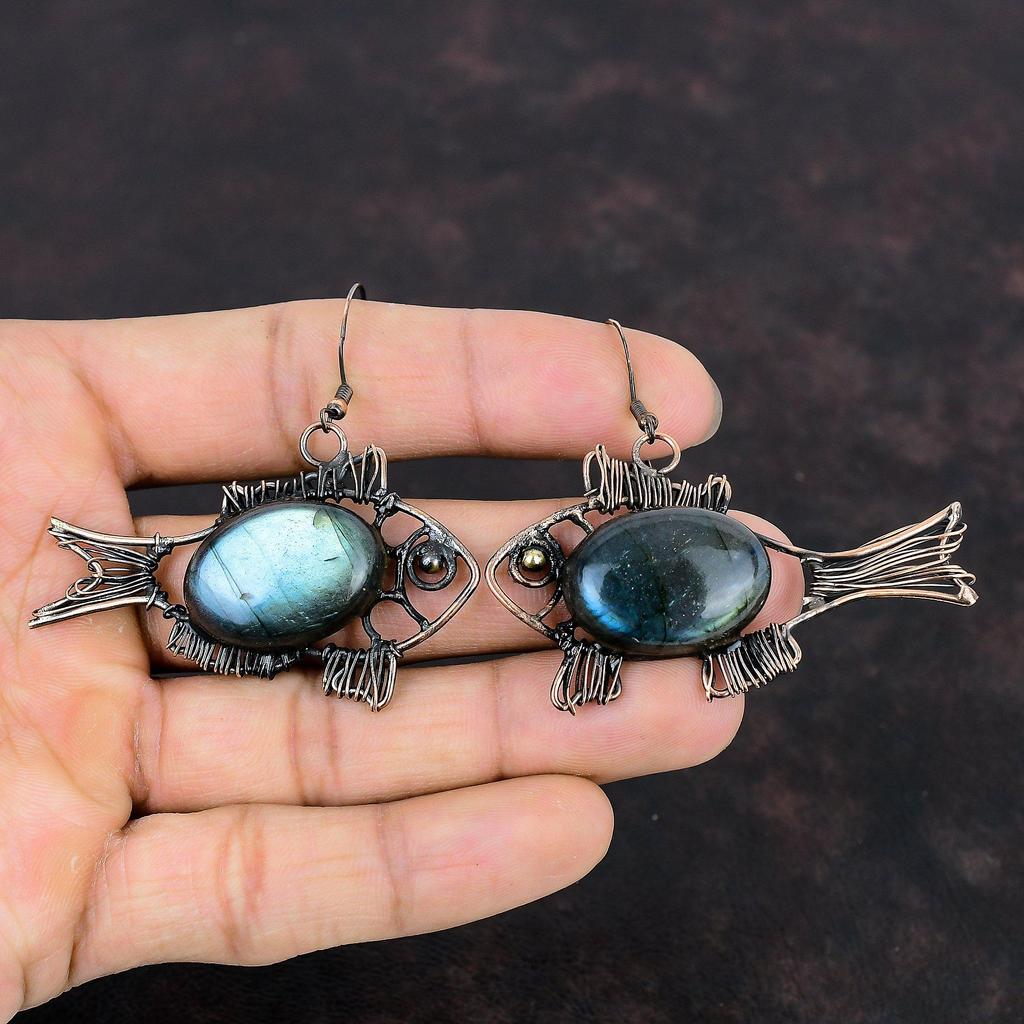 Cercei de cupru labradorit Bijuterii învelite în sârmă de cupru Cerceu cu pietre prețioase de pește Bijuterii antice lucrate manual Cercei învelite în sârmă Cadouri pentru prieten
