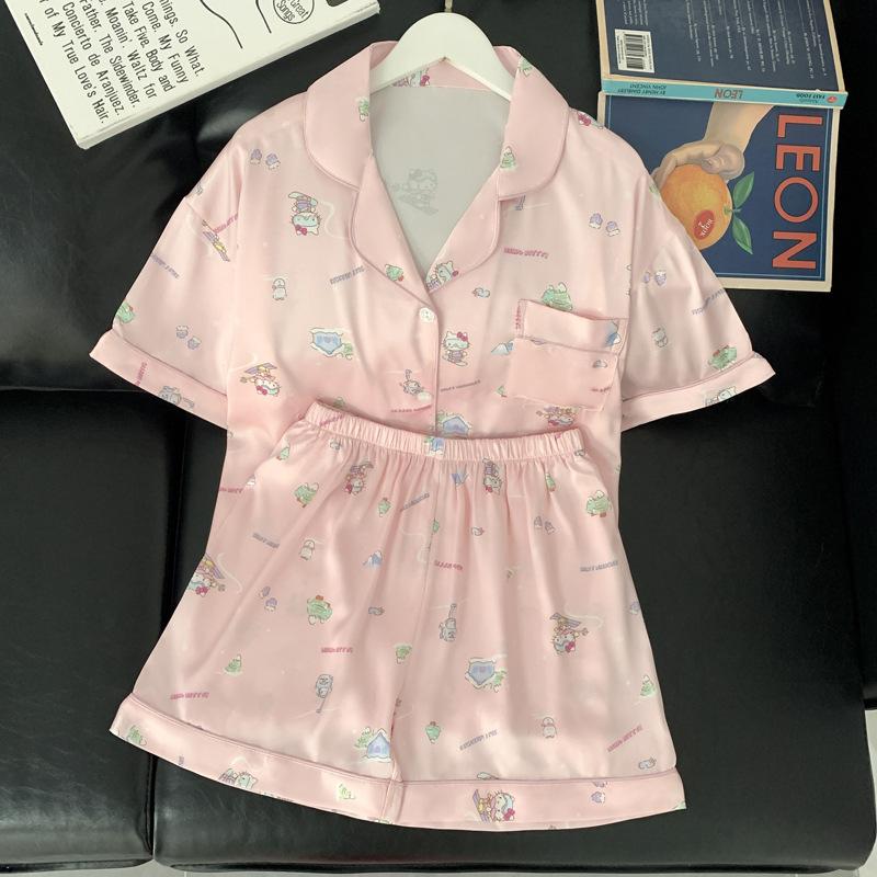 Sweet And Cute Wind Cartoon Ice Silk Pajamas Girl Summer Short-Sleeved Silk Cool Loungewear Suit